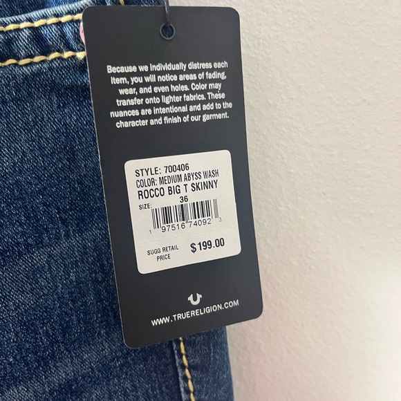 True Religion Men`s Rocco Big T Relaxed Skinny Jeans Size 36x32 Blue Stitching - Picture 4 of 9